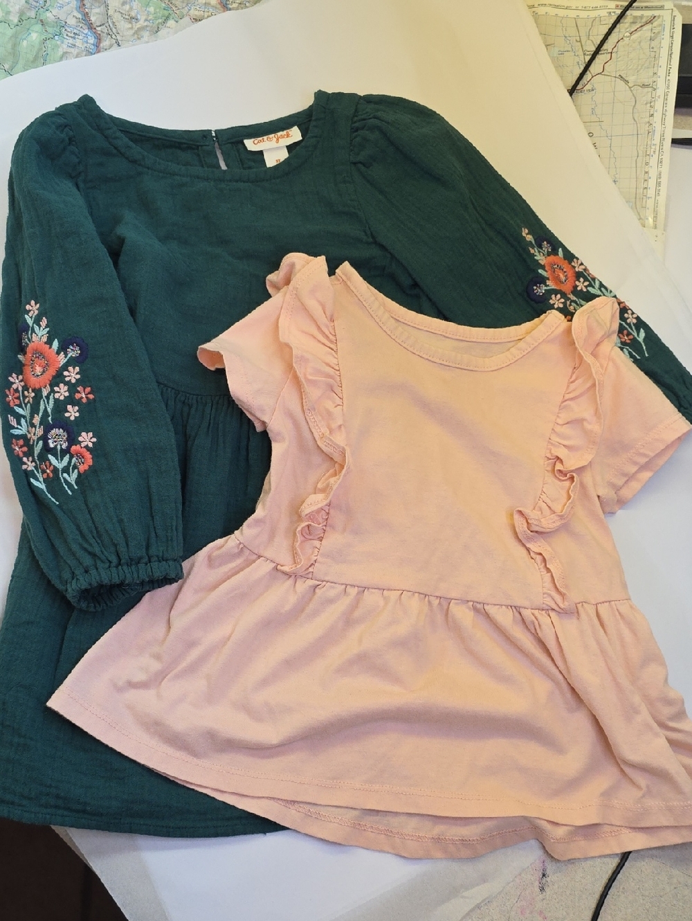 2 Dresses. Embroidered Forest Green Long-Sleeve Dress + Peach Ruffle Dress Set
